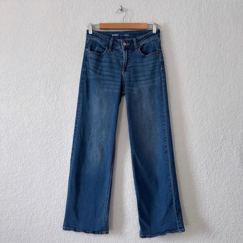 old navy dark wash blue denim high rise wide leg jeans size 2